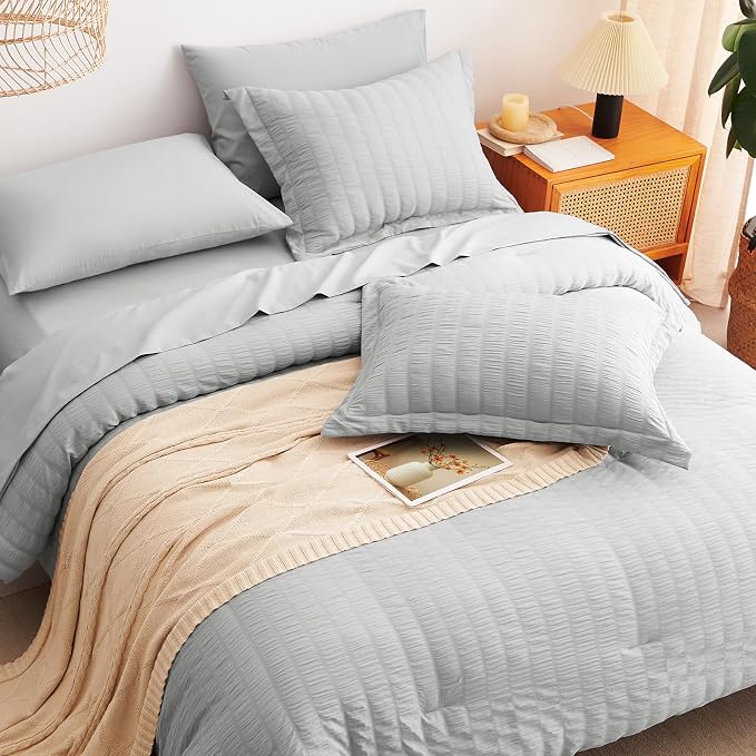 CozyLux King Size Comforter Set Light Grey Seersucker 7 Pieces Bed in a Bag - Image 6
