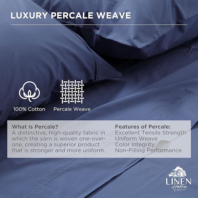 Linen Home 100% Cotton Percale Weave Fitted Sheet, Twin Size, Dark Blue - Image 2