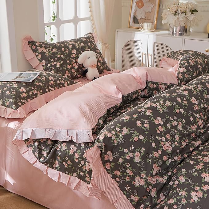 mixinni Vintage Floral Duvet Cover Set Twin XL Size – 100% Cotton Ruffle Lace - Image 2