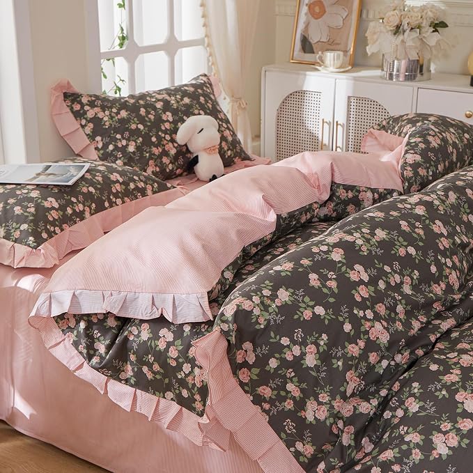 mixinni Vintage Floral Duvet Cover Set King Size – 100% Cotton Ruffle Lace - Image 2