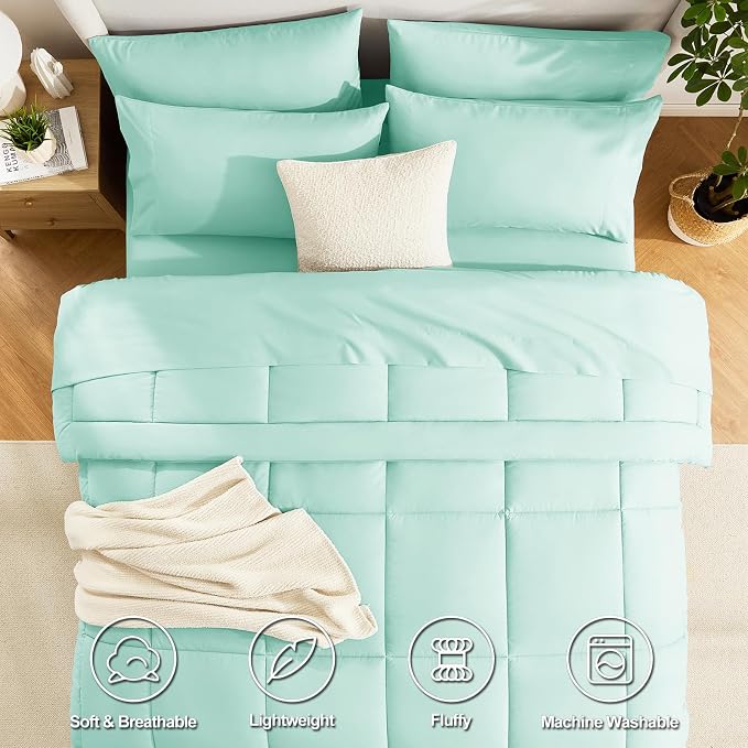 CozyLux King Size Comforter Set Mint Green, 7 Pieces Bed in a Bag, All Season - Image 2