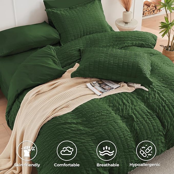 HYMOKEGE Dark Green Duvet Cover King Size, Ultra Soft 3-Piece Seersucker Duvet - Image 2