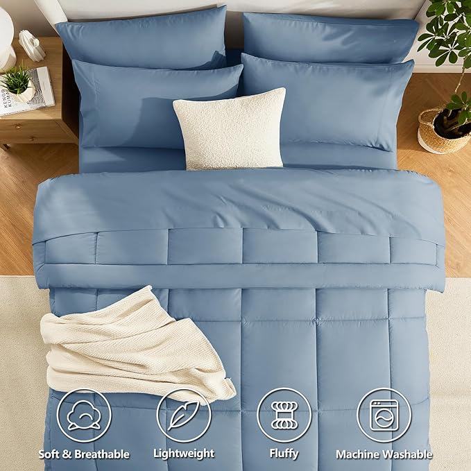 CozyLux King Size Comforter Set Dusty Blue, 7 Pieces Bed in a Bag, All Season - Image 2