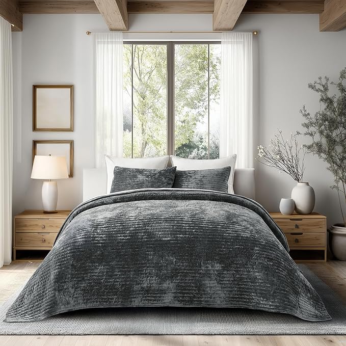 EVERGRACE Velvet Quilt Set King Size, Luxurious Soft Striped Channel Bedding Set by EverGrace