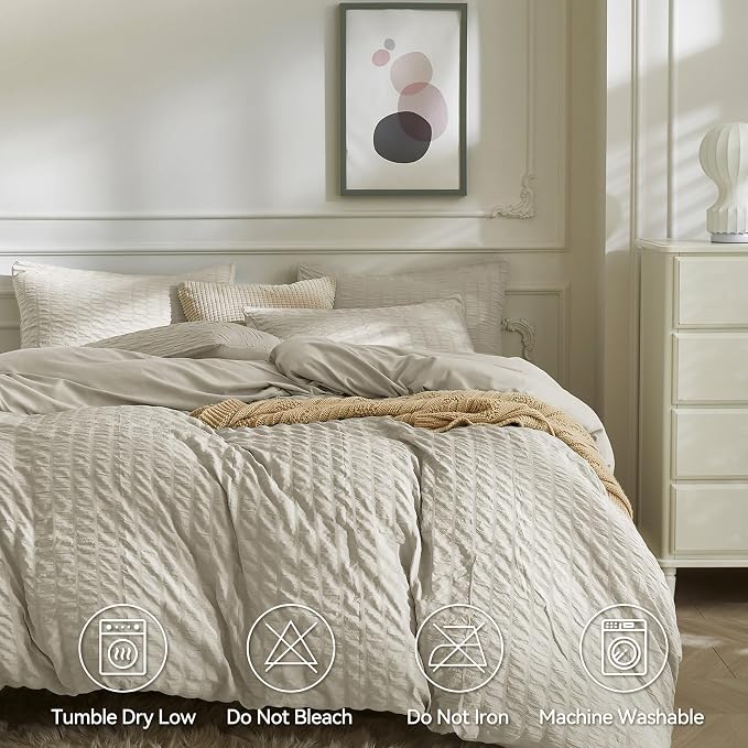 JELLYMONI Beige Duvet Cover Full Size, Soft Breathable Seersucker Duvet Cover - Image 5
