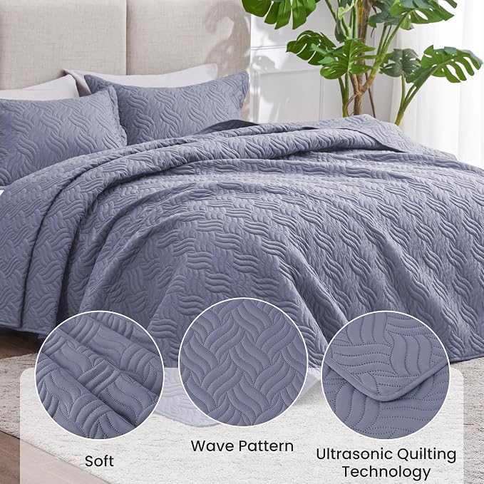 Love's cabin King Size Quilt Bedding Set Bluish Grey Bedspreads - Image 4