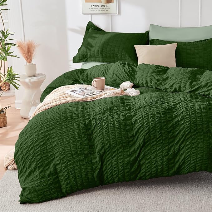 HYMOKEGE Dark Green/Sage Green Twin Comforter Set Seersucker 5 Pieces, All - Image 2