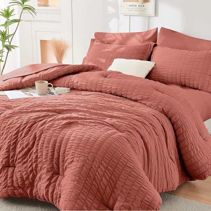 HYMOKEGE Coral California King Comforter Set Seersucker 7 Pieces, All Season by HYMOKEGE