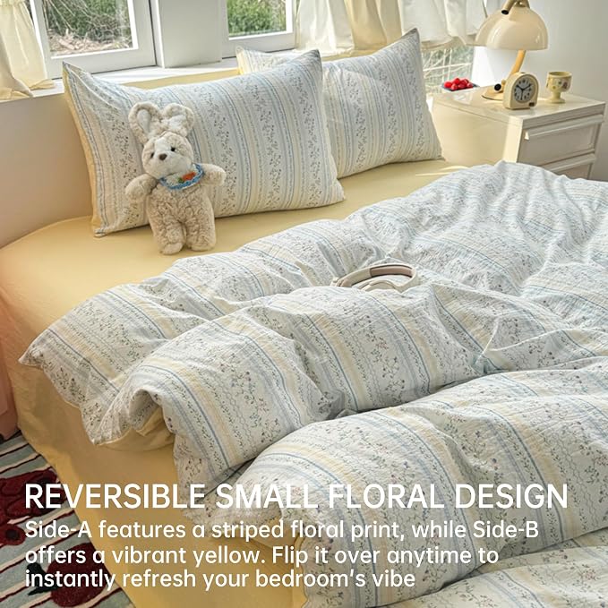 BOLINLIVING Vintage Floral Duvet Cover Queen Size, Reversible Blue Striped - Image 2