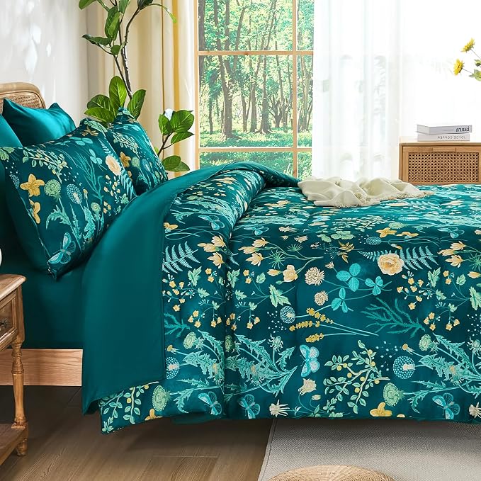 Yiran King Size Comforter Set 7 Piece, Teal Green Floral Bedding Set, - Image 3