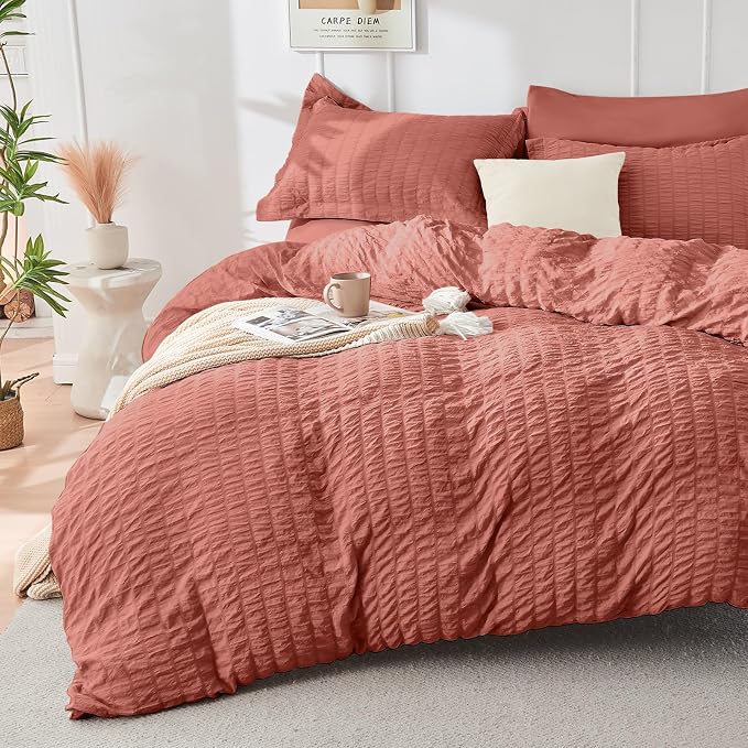 HYMOKEGE Coral Queen Comforter Set Seersucker 7 Pieces, All Season Luxury Bed - Image 2