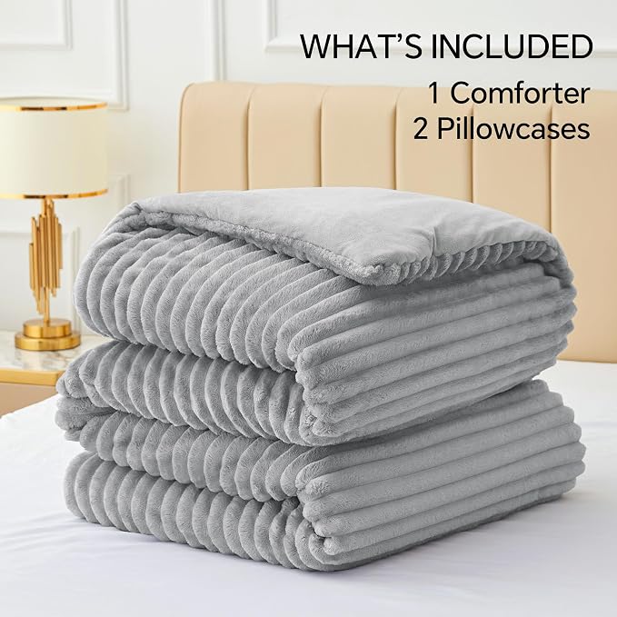 BEDELITE Fleece Full Comforter Set -Super Soft & Warm Fluffy Light Grey Bedding - Image 6