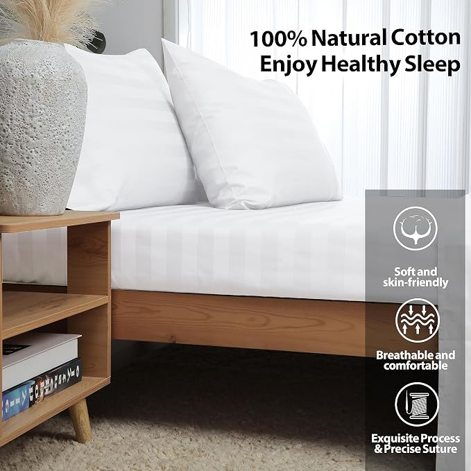 Queen Size Striped Fitted Sheet Only White Color, 100% Egyptian Cotton 600 - Image 3