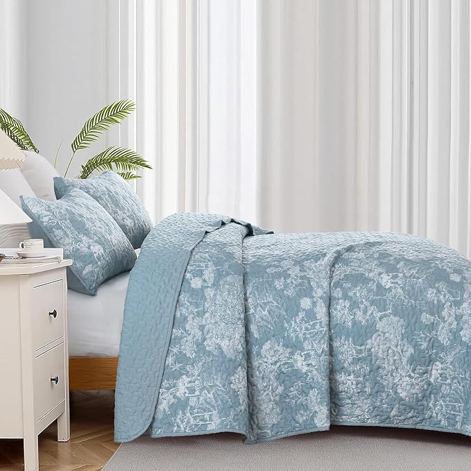 WONGS BEDDING Botanical Quilt Set King Size, Aqua 3 Pieces Toile Floral Plants - Image 3