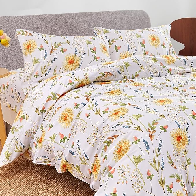 JSD Yellow Floral Duvet Cover Set Queen Size, 3 Piece Spring Printed Microfiber - Image 2