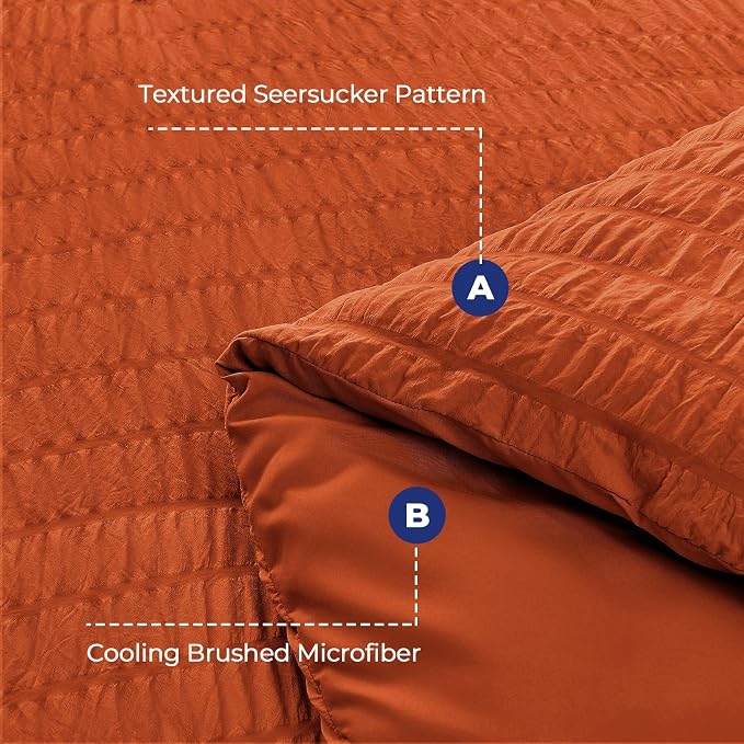 HYMOKEGE Burnt Orange Duvet Cover King Size, Ultra Soft 3-Piece Seersucker - Image 3