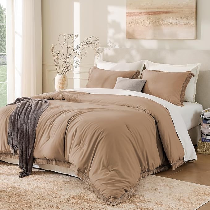 Andency Taupe Comforter Set King Size, 3 Pieces Boho Tassel Lightweight Bedding by Andency