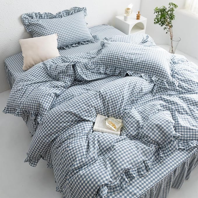 mixinni Blue White Gingham Ruffle Duvet Cover Full Size 3 Pieces – 100% Washed - Image 3