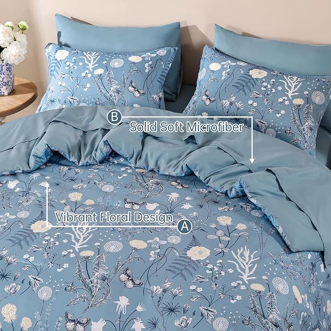Yiran Blue Comforter Set King Size, 7 Piece Floral Comforter Bedding Set - Image 5
