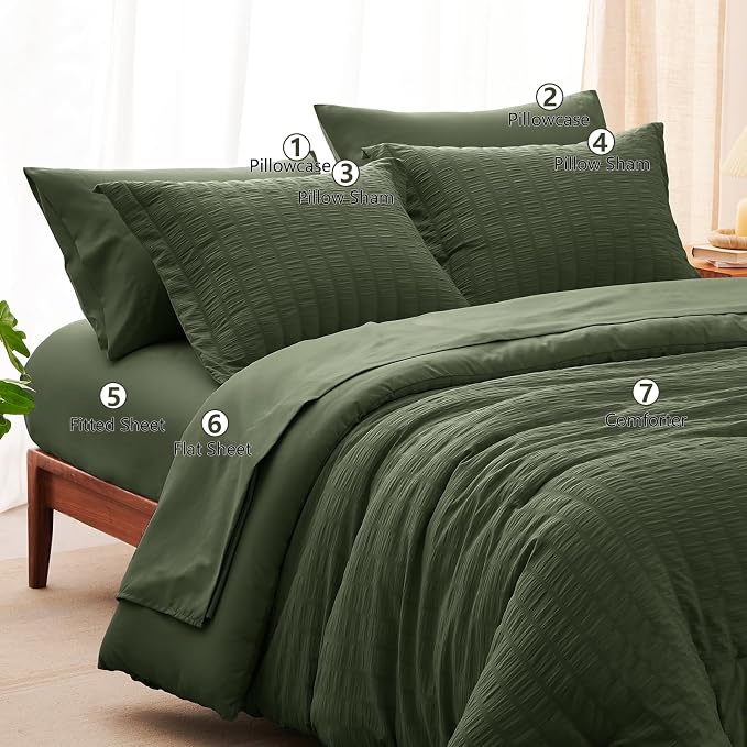 CozyLux Oversized King Comforter Set Olive Green Seersucker 7 Pieces Bed in a - Image 8