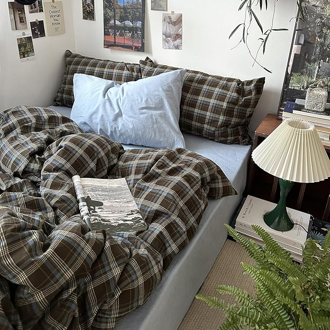 mixinni Vintage Brown & Blue Buffalo Plaid Duvet Cover Set King Size by mixinni
