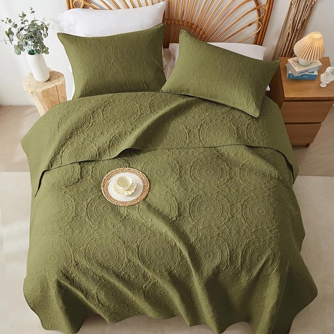 WURUIBO Olive Green Quilt Set Queen Size, Embossing Microfiber Full Bedspreads - Image 8