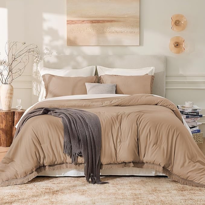 Andency Taupe Comforter Set Full Size, 3 Pieces Boho Tassel Lightweight Bedding - Image 2