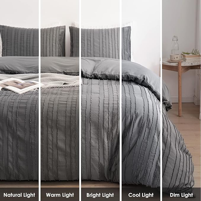 WARMDERN Gray Boho Duvet Cover Set, Striped Textured Tufted Bedding, Twin Size - Image 7
