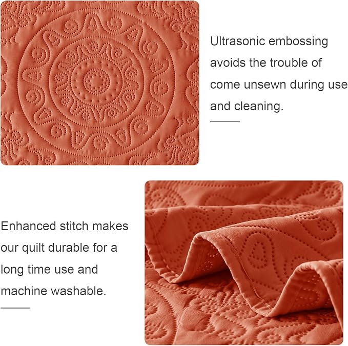 WURUIBO Burnt Orange Quilt Set Queen Size, Embossing Microfiber Full Bedspreads - Image 5