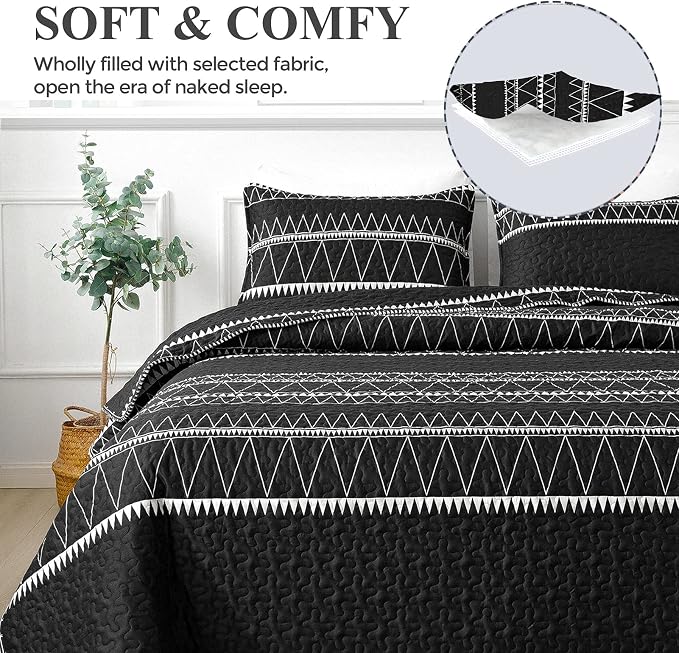 Andency Black Oversized Super King Plus Quilt Set, 3 Pieces Boho Lightweight - Image 3