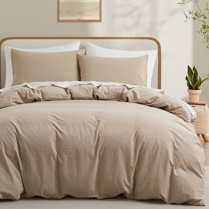 LOVQUE Bedding Duvet Cover Queen Size, 100% Washed Cotton Linen Like Natural by LOVQUE