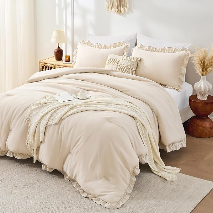 FUANNA Twin Comforter Set Beige, Ruffle Shabby Chic Twin Bed Set, Fluffy by FUANNA