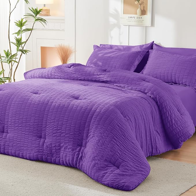 HYMOKEGE Bright Purple King Size Comforter Set Seersucker 7 Pieces, All Season - Image 8