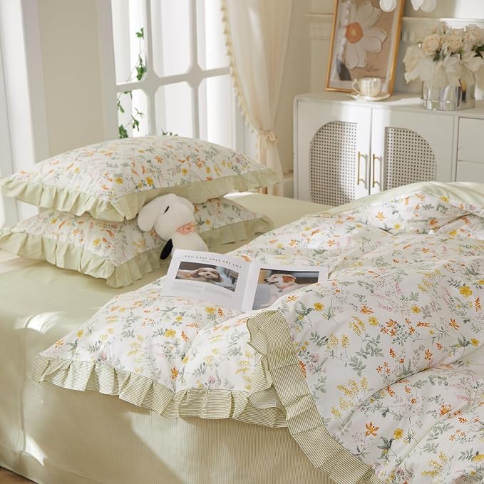 mixinni 100% Cotton Duvet Cover Set Twin XL, Reversible Spring Floral Ruffle - Image 4