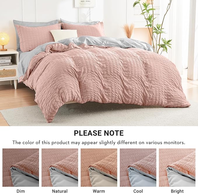 HYMOKEGE Rose Gold/Light Grey Twin Comforter Set Seersucker 5 Pieces, All - Image 5