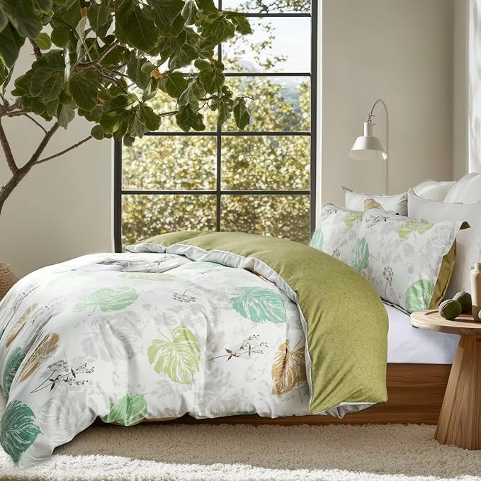 OAITE Duvet Cover Twin Size, Reversible Fallen Leaves Green Duvet Cover Set - Image 3