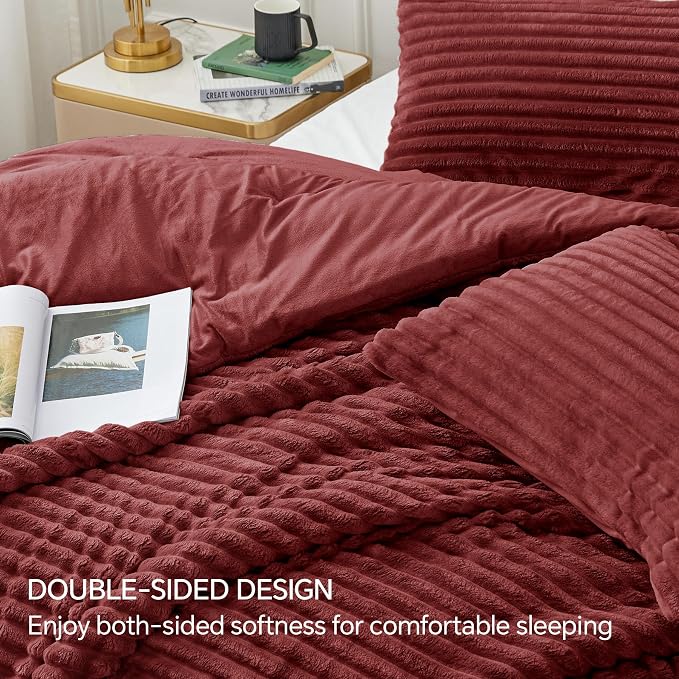 BEDELITE Fleece Twin Comforter Set -Super Soft & Warm Fluffy Burgundy Bedding - Image 4
