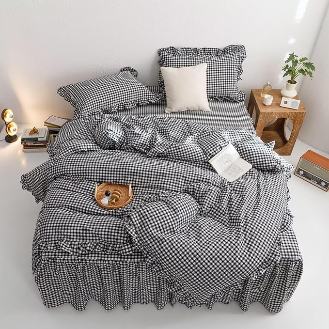 mixinni Black White Gingham Ruffle Duvet Cover Twin XL Size 3 Pieces – 100% - Image 2
