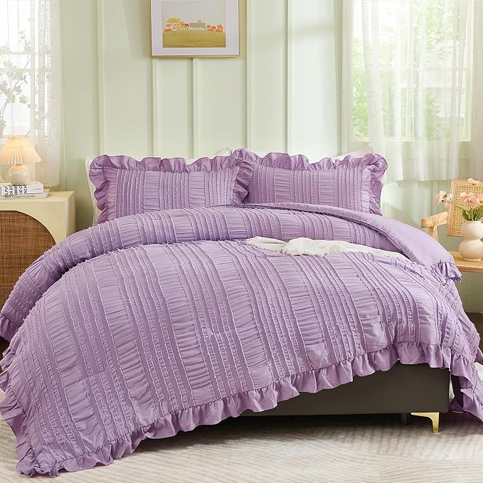 WONGS BEDDING Purple Comforter Set Queen, 3 Pieces Ruffle Farmhouse Shabby Chic by WONGSBEDDING