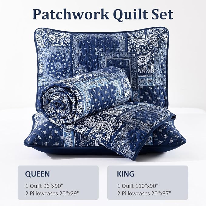 Cottolester Blue Patchwork Quilt Set King Size, Boho Navy Blue Quilt Set - Image 8
