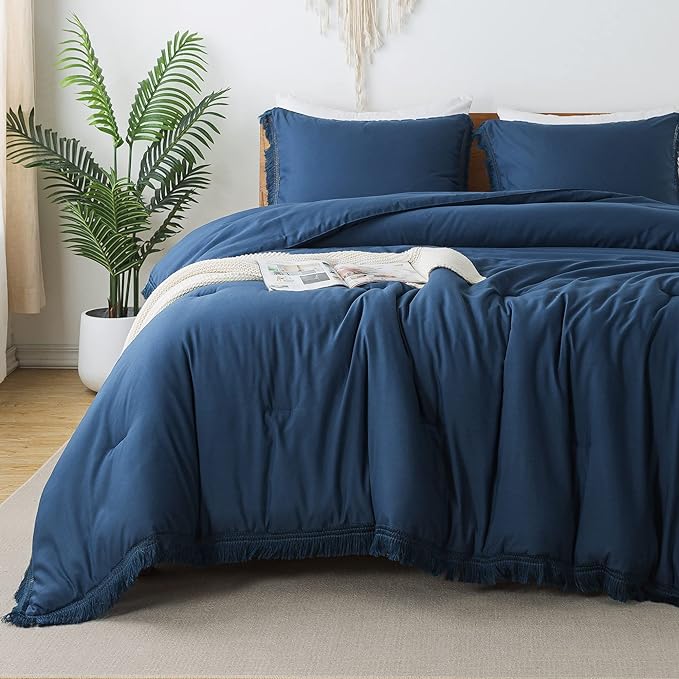 Andency Navy Blue Comforter Set Twin Size, 2 Pieces Boho Tassel Lightweight by Andency