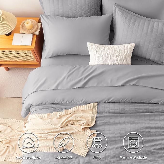 CozyLux King Size Comforter Set Grey Seersucker 7 Pieces Bed in a Bag King - Image 2