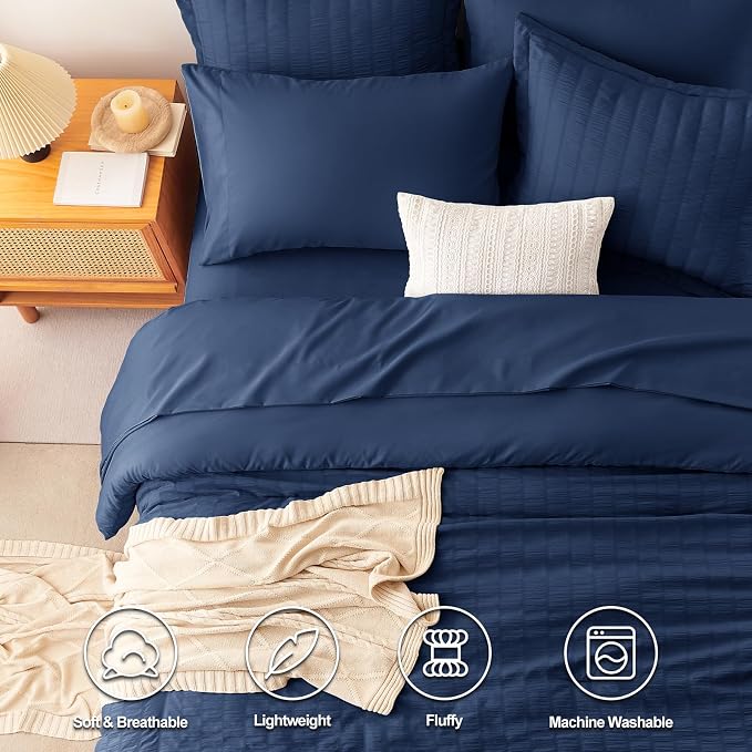 CozyLux Oversized King Comforter Set Navy Blue Seersucker 7 Pieces 120x98 Bed - Image 2