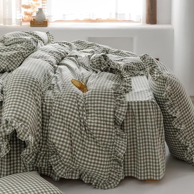 mixinni Green Ruffle Duvet Cover King Size 3 Pieces – 100% Washed Cotton - Image 6
