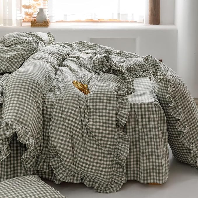 mixinni Green Gingham Ruffle Duvet Cover Twin XL Size 3 Pieces – 100% Washed - Image 6