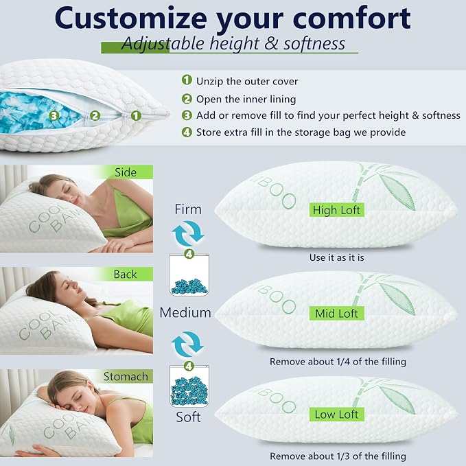 Cooling Pillows, Shredded Memory Foam Pillows Standard Size Set of 2 Adjustable - Image 3
