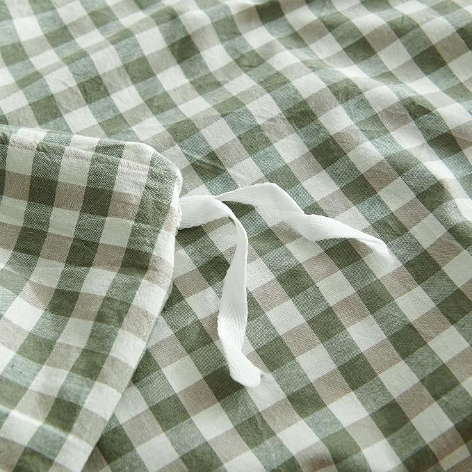 Nayoroom Gingham Duvet Cover Queen Size 100% Washed Cotton Green Plaid - Image 7