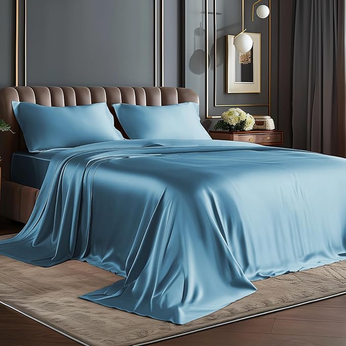 BEDELITE Satin Sheets Queen Size Bed Set, Luxury Soft Airy Blue Silky Sheets by BEDELITE