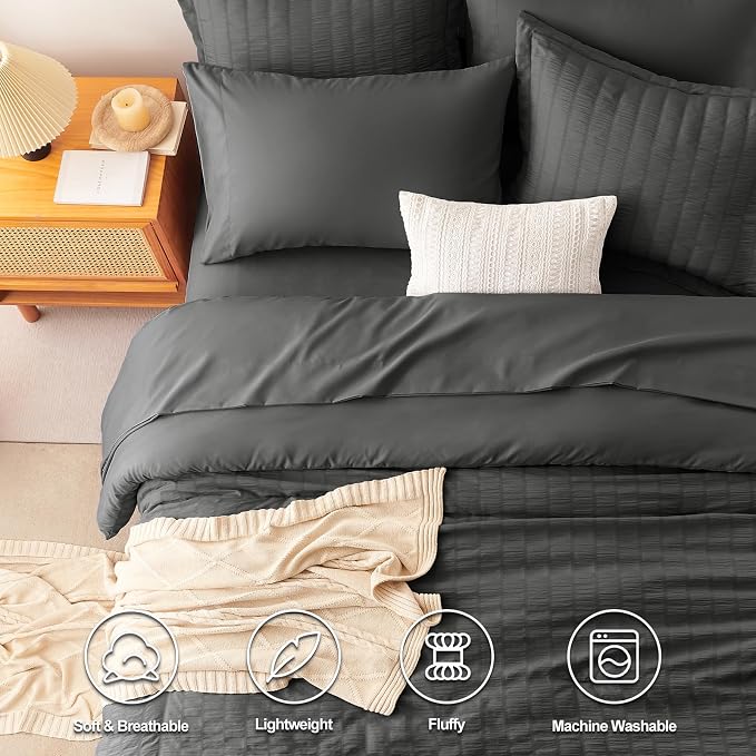 CozyLux Oversized King Comforter Set Dark Grey Seersucker 7 Pieces 120x98 Bed - Image 2