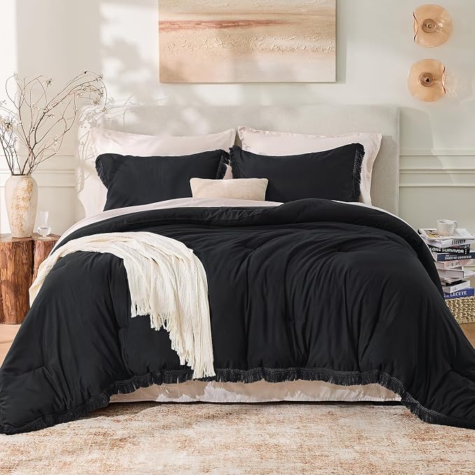 Andency Black Comforter Set King Size, 3 Pieces Boho Tassel Lightweight Bedding - Image 2